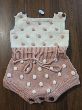 Cream and Blush Pink Pom-Pom Knit Baby Romper